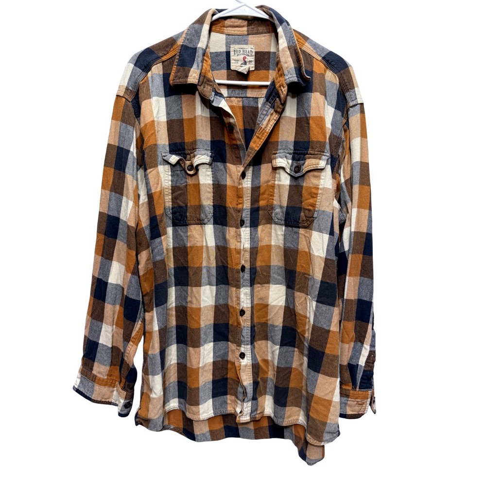 Red Head Mens Plaid Flannel Shirt Long Sleeve Button Up Casual Workwear